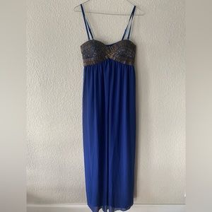 Little Mistress Cobalt blue flowy prom dress with gold details in bodice